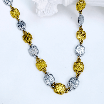 Gold and silver textured square link chain necklace featuring alternating two-tone engraved links with a classic, polished finish.