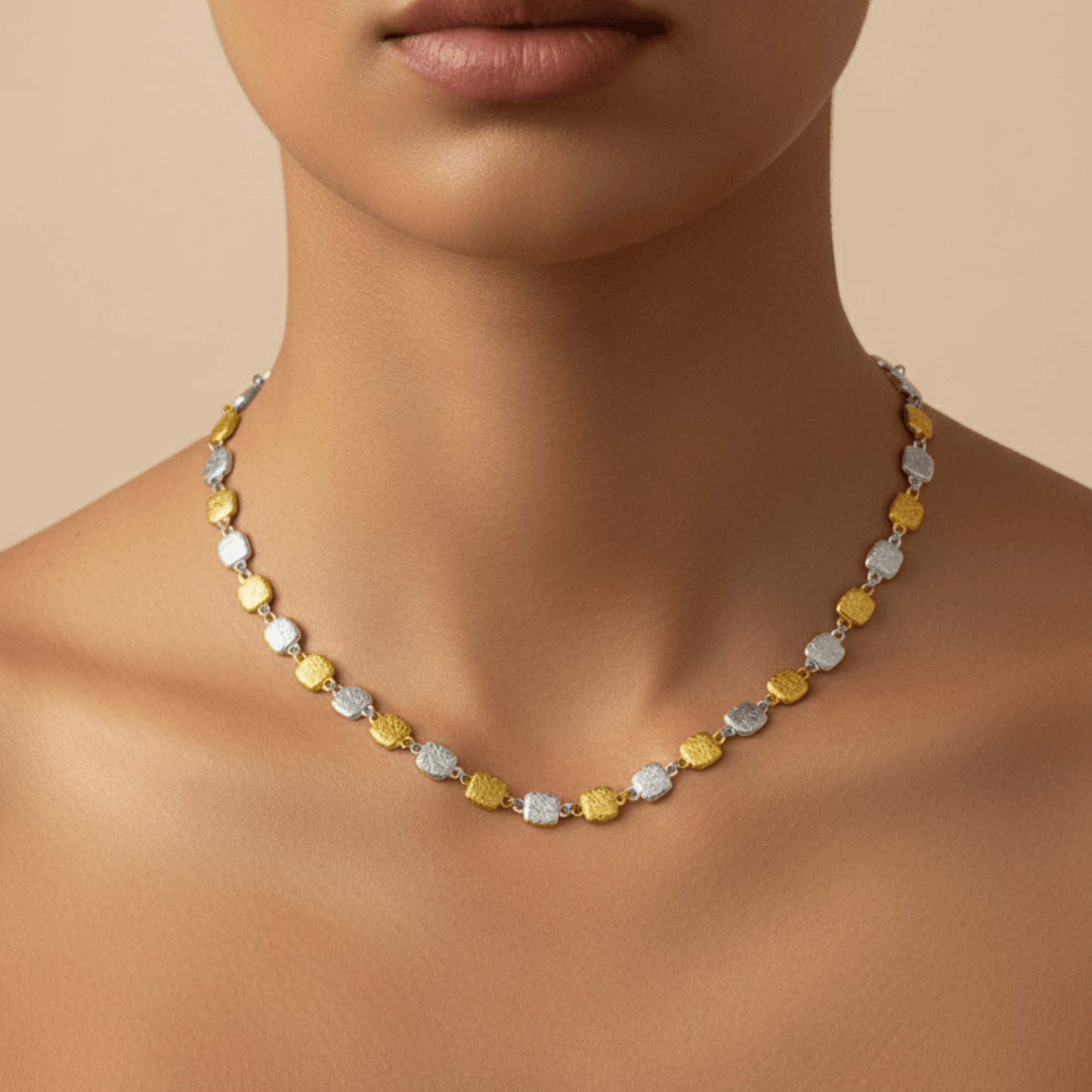 Gold and silver textured square link chain necklace featuring alternating two-tone engraved links with a classic, polished finish.