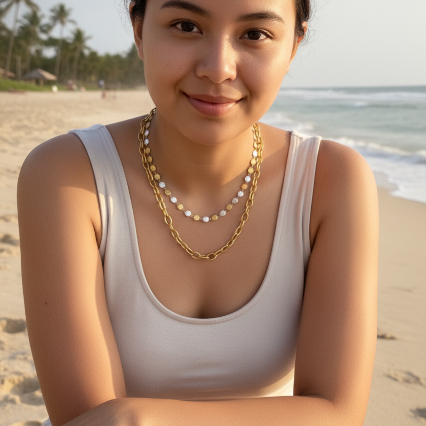 Gold and silver textured square link chain necklace featuring alternating two-tone engraved links with a classic, polished finish.