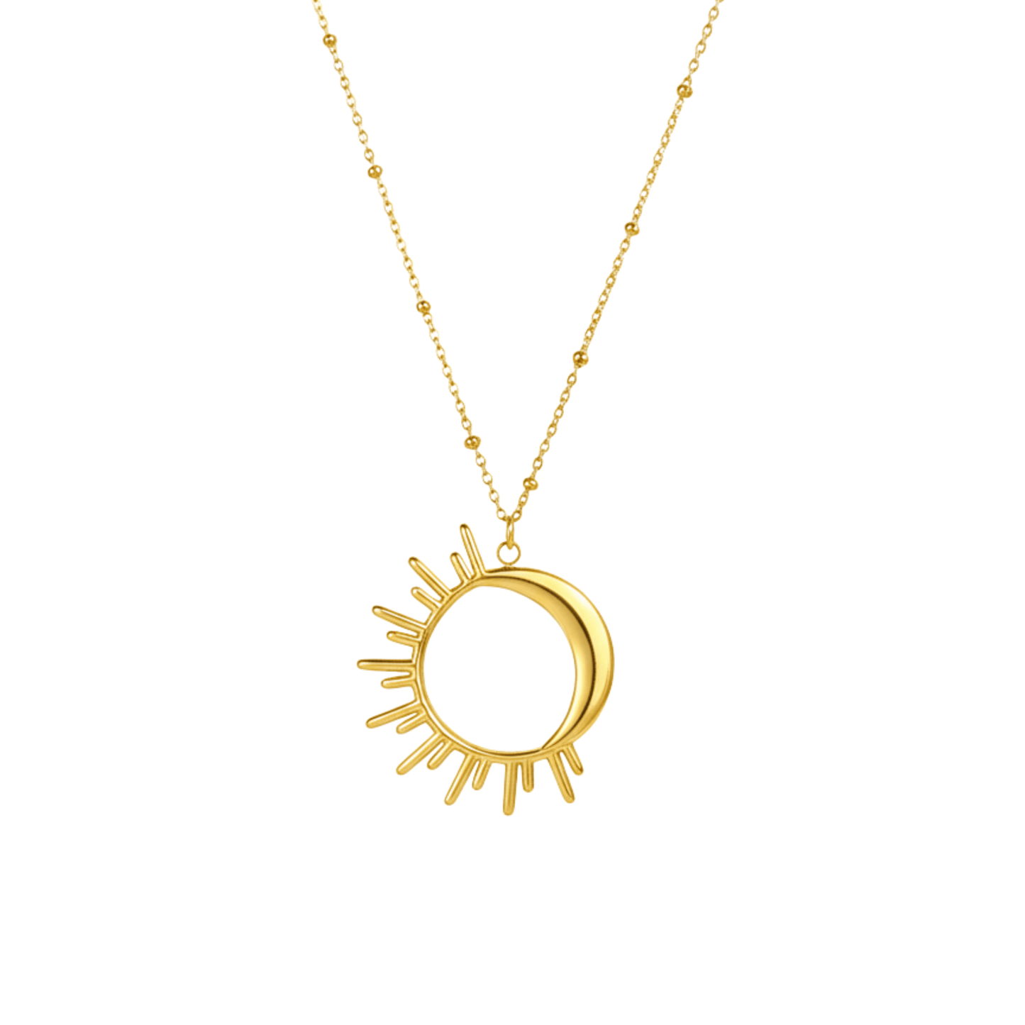 Waterproof gold solar eclipse necklace featuring a crescent moon overlapping a radiant sunburst design on a fine beaded chain, made with PVD gold plated stainless steel.