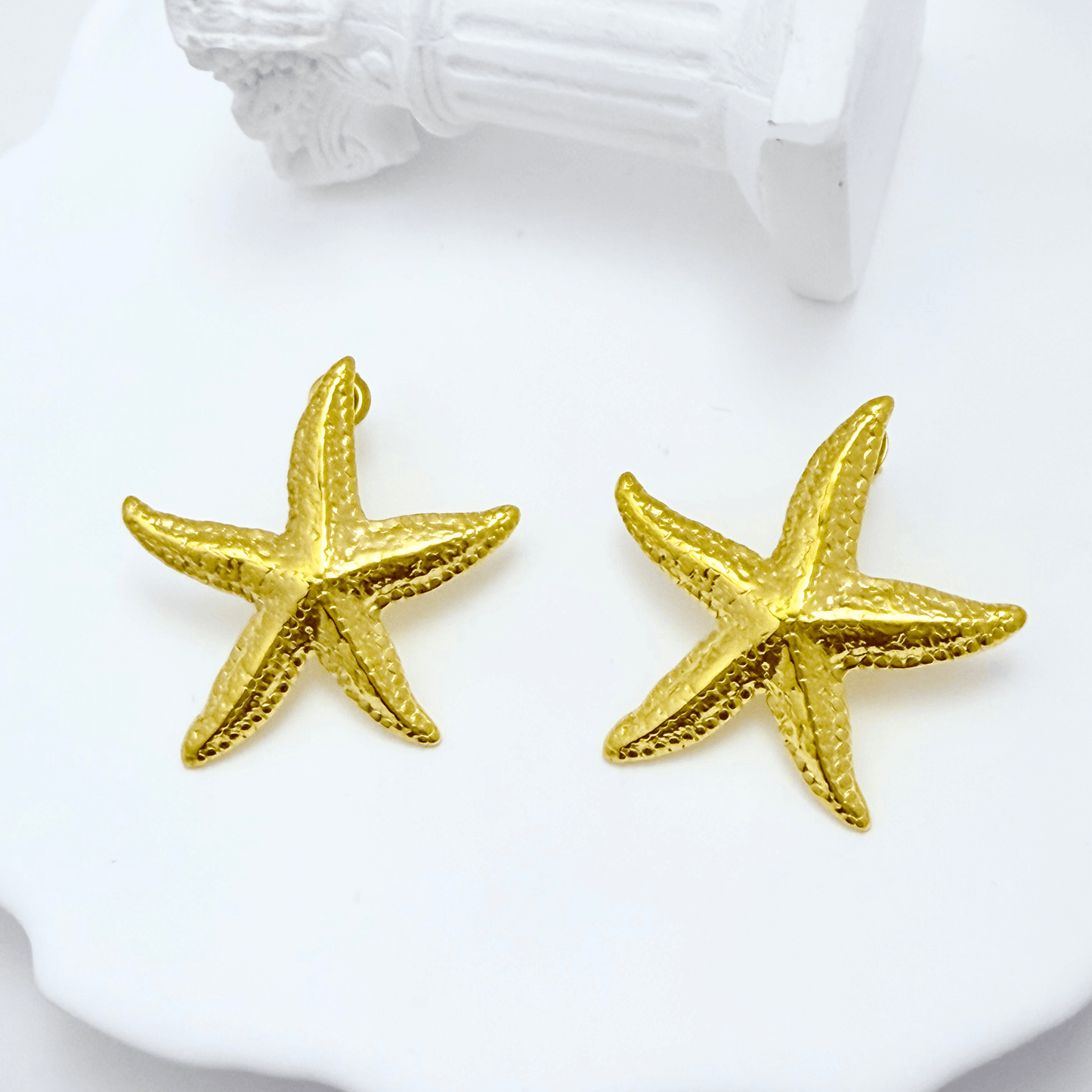 Gold textured starfish stud earrings – waterproof stainless steel statement earrings