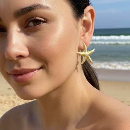 Gold textured starfish stud earrings – waterproof stainless steel statement earrings