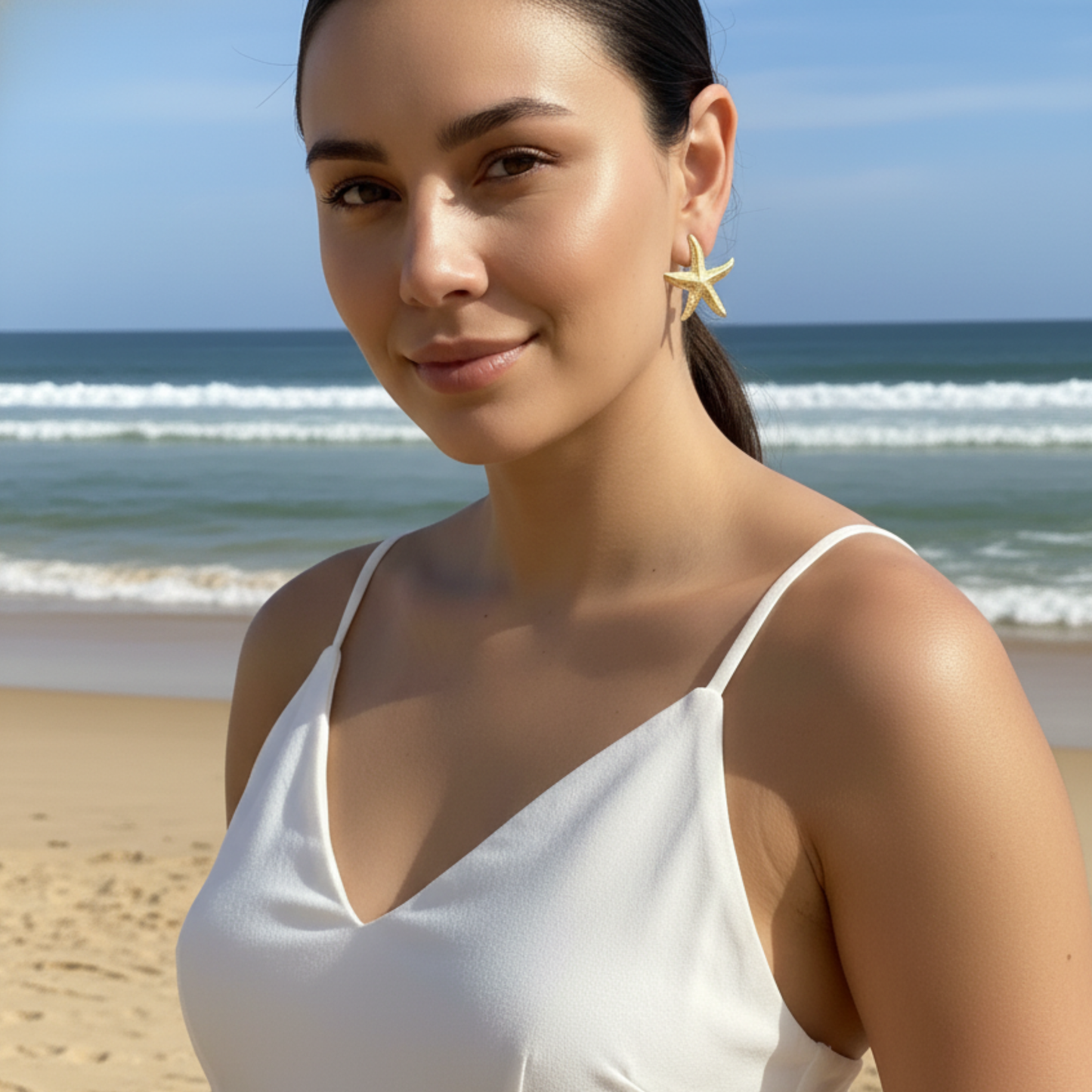 Gold textured starfish stud earrings – waterproof stainless steel statement earrings