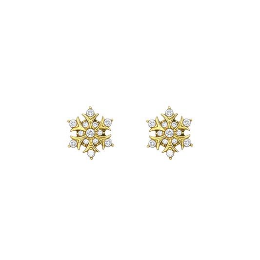 Gold sunburst crystal stud earrings with sparkling round crystals.