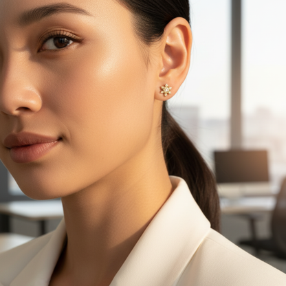 Gold sunburst crystal stud earrings with sparkling round crystals.