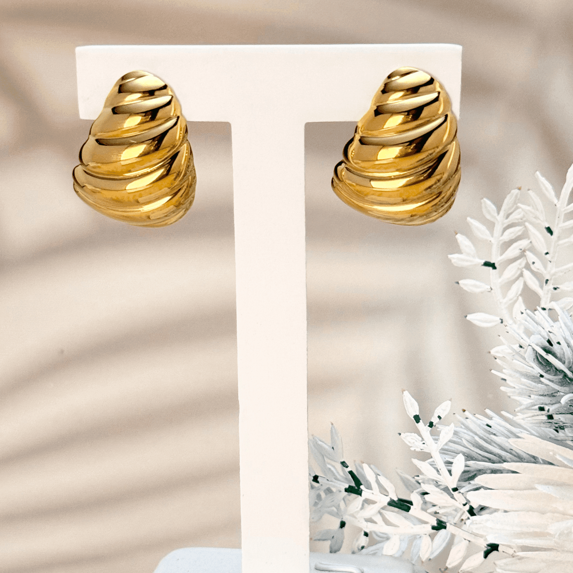 Gold swirl sculpted statement earrings, waterproof and tarnish-resistant, featuring a bold twisted design for a vintage-inspired yet modern look. Perfect for all-day wear.
