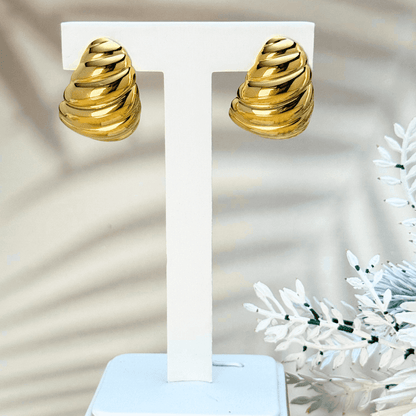 Gold swirl sculpted statement earrings, waterproof and tarnish-resistant, featuring a bold twisted design for a vintage-inspired yet modern look. Perfect for all-day wear.