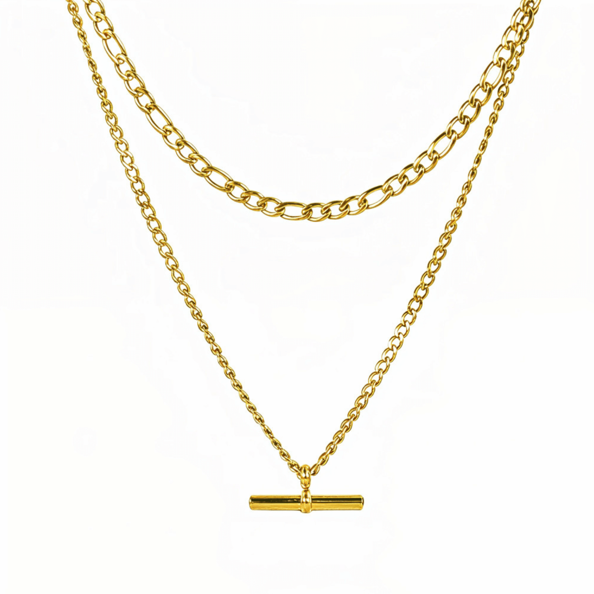 Gold double-layer necklace with curb chain and T-bar pendant
