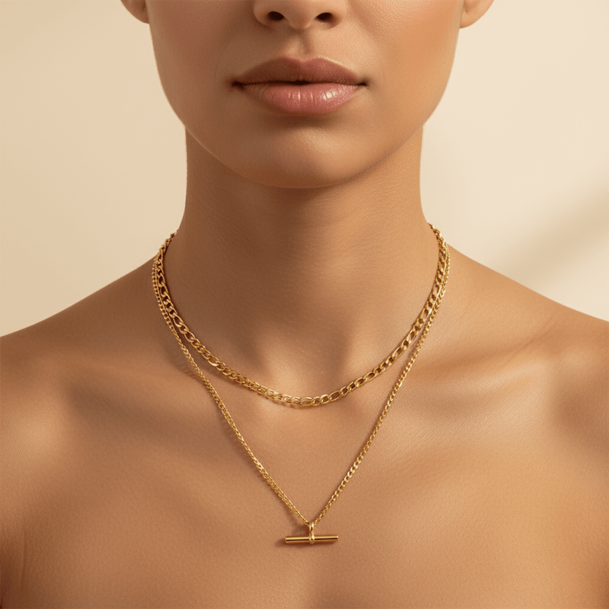 Gold double-layer necklace with curb chain and T-bar pendant