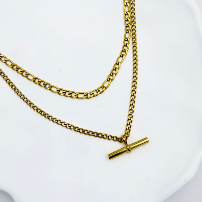 Gold double-layer necklace with curb chain and T-bar pendant