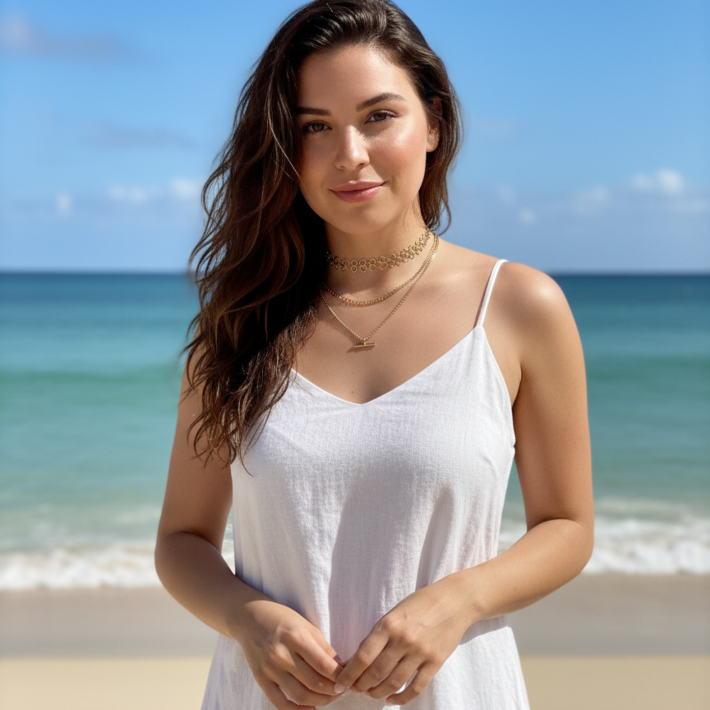 Gold double-layer necklace with curb chain and T-bar pendant