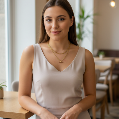Gold double-layer necklace with curb chain and T-bar pendant