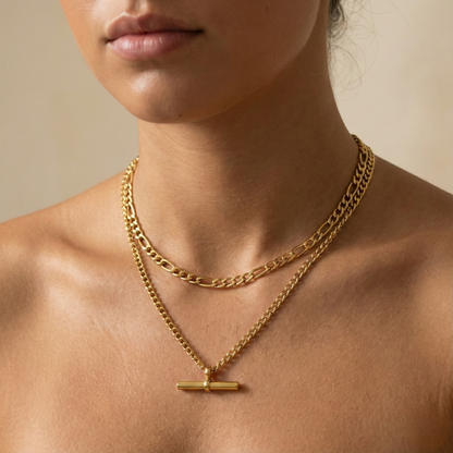Gold double-layer necklace with curb chain and T-bar pendant