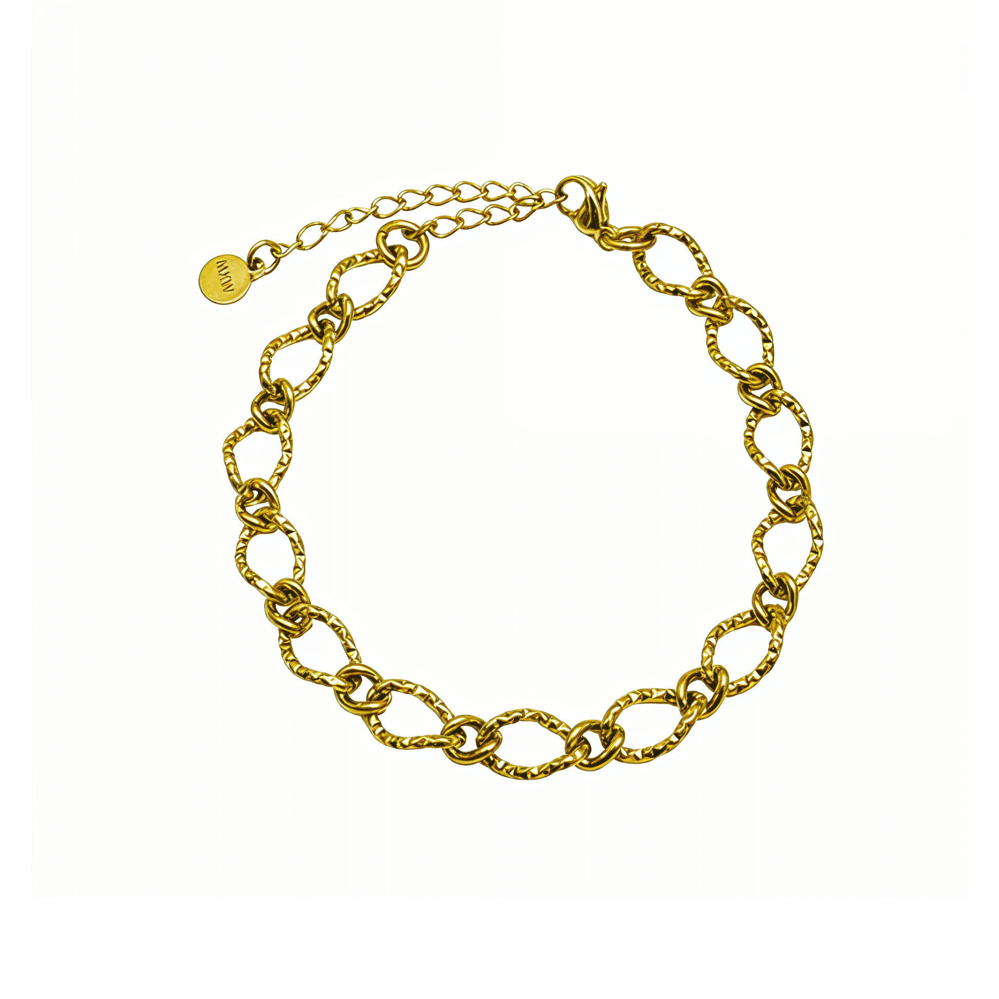 Gold textured chain bracelet featuring faceted loop links and adjustable extender, modern minimalist jewellery.