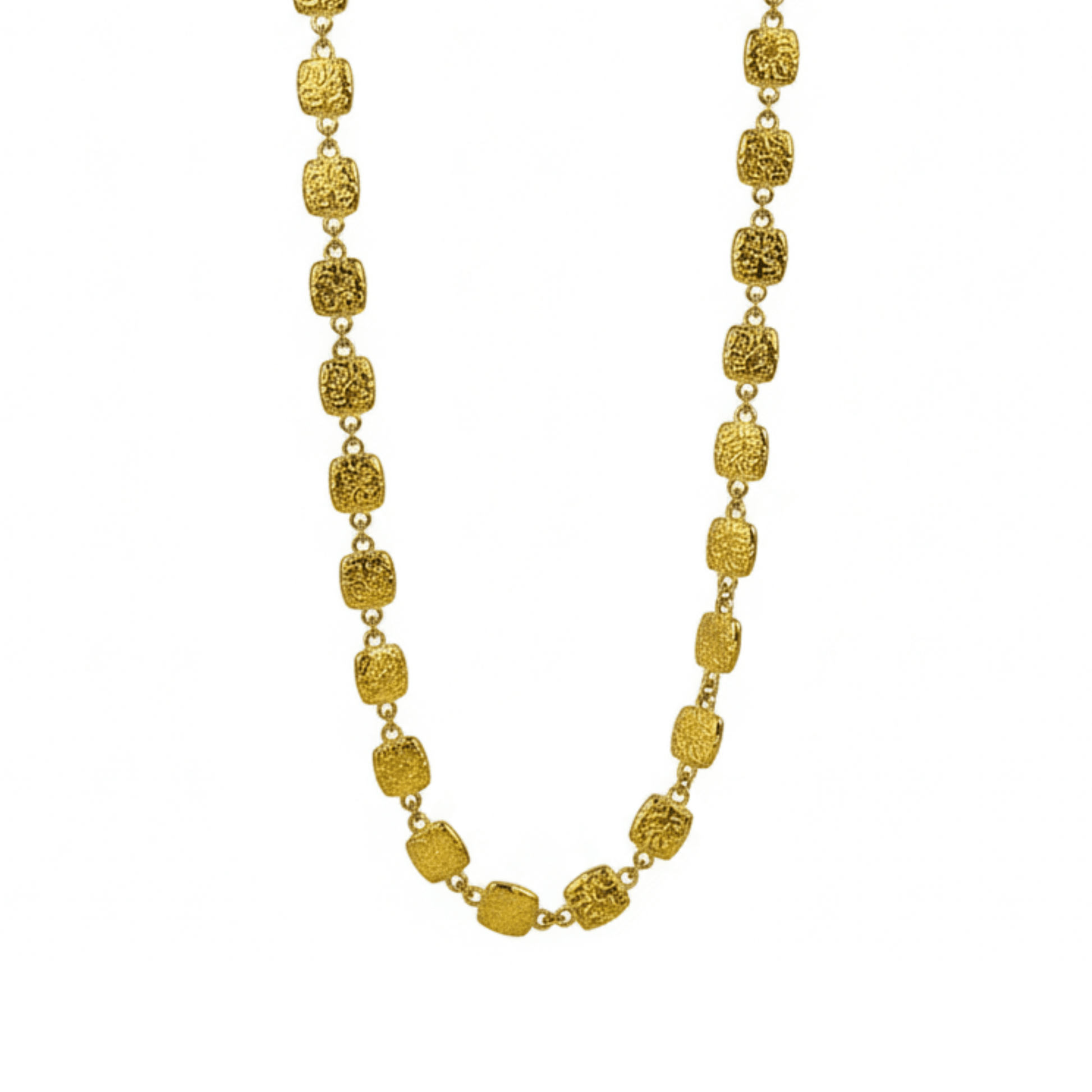 Gold textured square link chain necklace featuring small engraved square links connected in a continuous gold pattern.