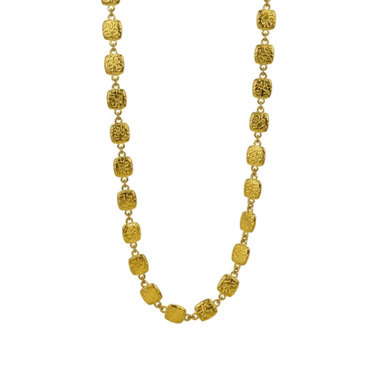 Gold textured square link chain necklace featuring small engraved square links connected in a continuous gold pattern.