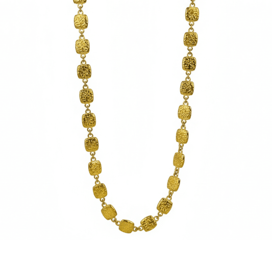Gold textured square link chain necklace featuring small engraved square links connected in a continuous gold pattern.