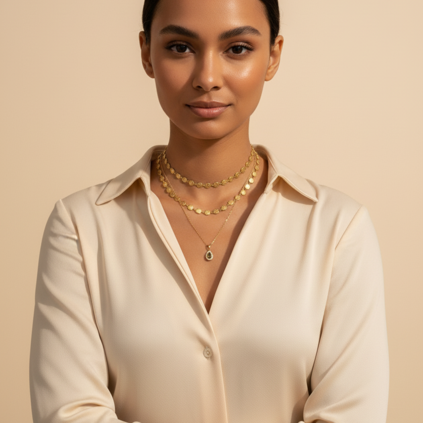 Gold textured square link chain necklace featuring small engraved square links connected in a continuous gold pattern.