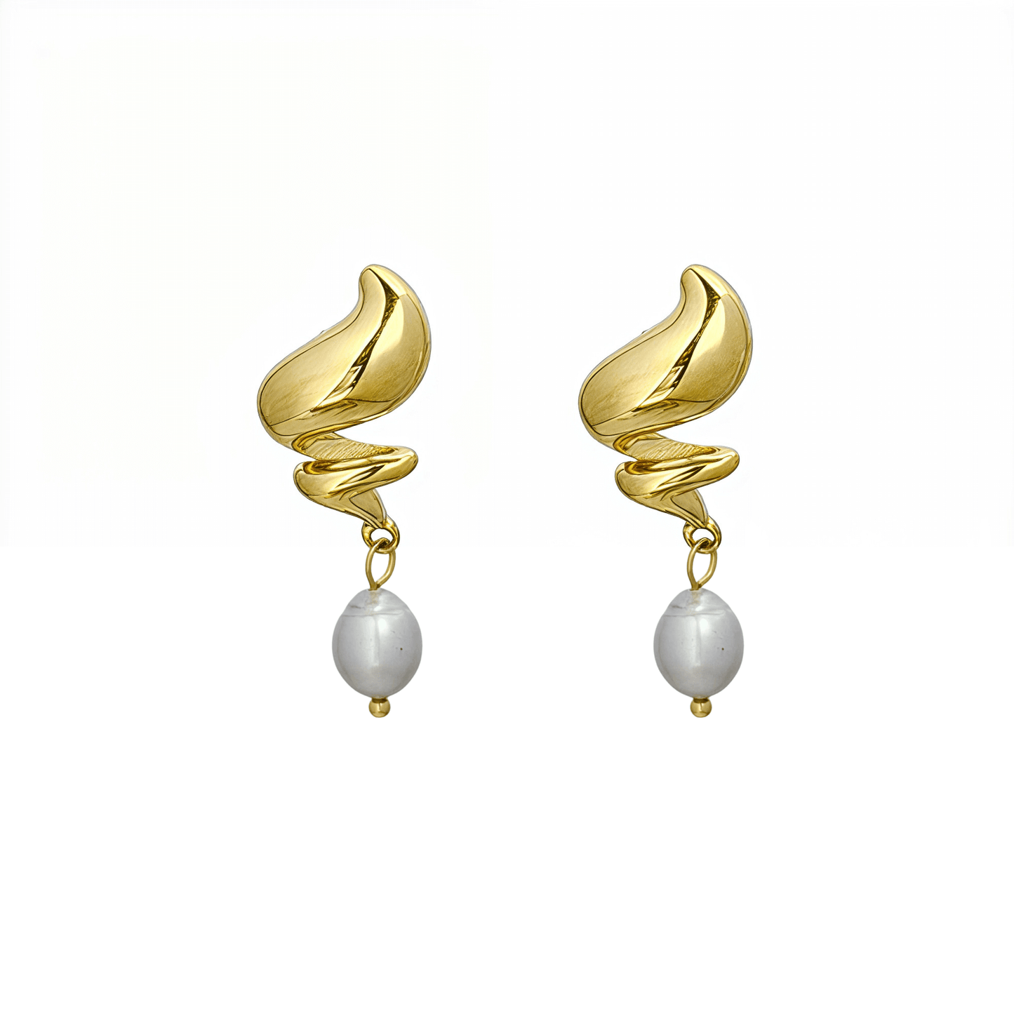 Gold twisted swirl pearl drop earrings displayed on a white bust, minimalist Australian design by MXW Jewellery