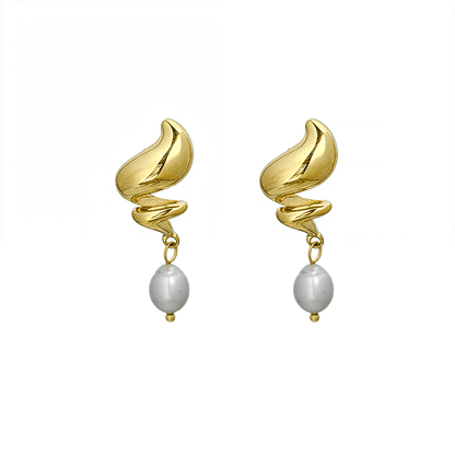 Gold twisted swirl pearl drop earrings displayed on a white bust, minimalist Australian design by MXW Jewellery