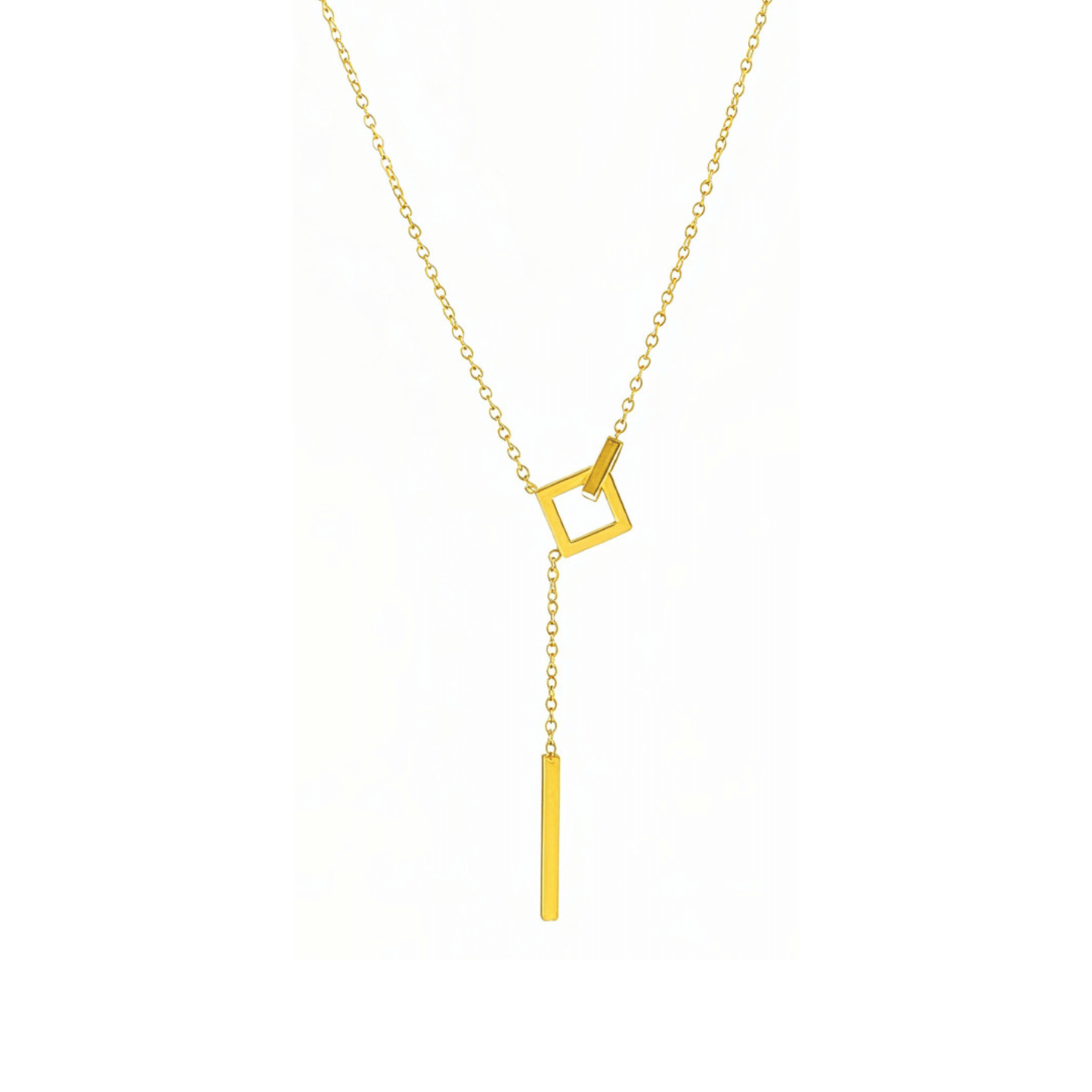 gold unity link necklace with interlocking geometric shapes symbolising connection and strength