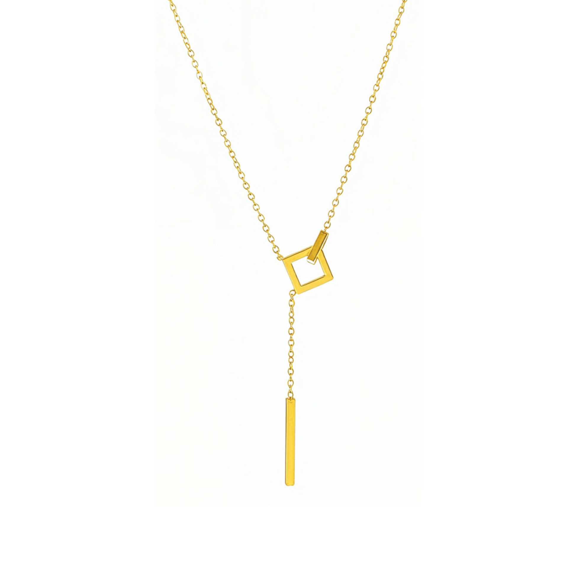 gold unity link necklace with interlocking geometric shapes symbolising connection and strength