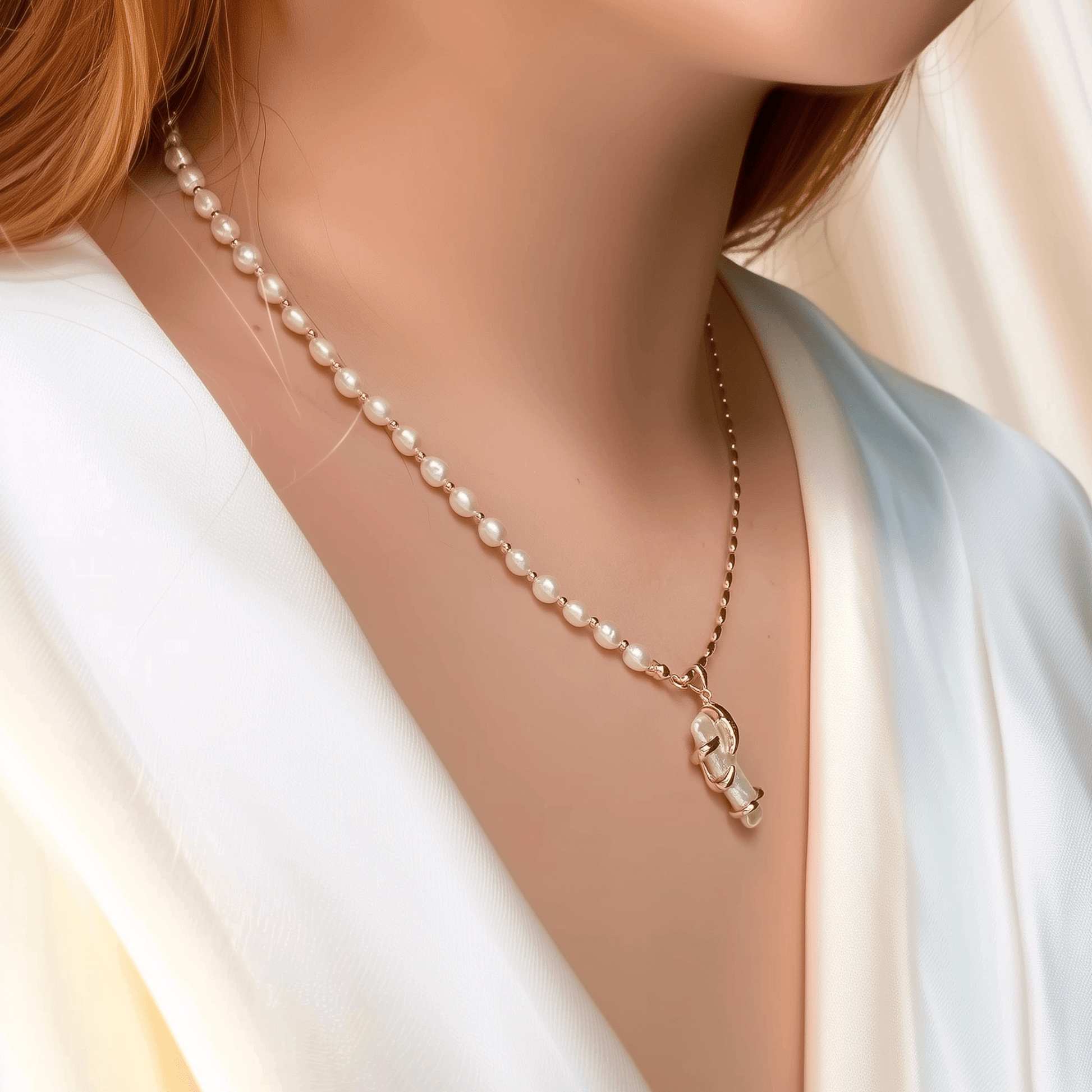 necklace with gold vine-wrapped pearl pendant on half pearl, half gold beaded chain