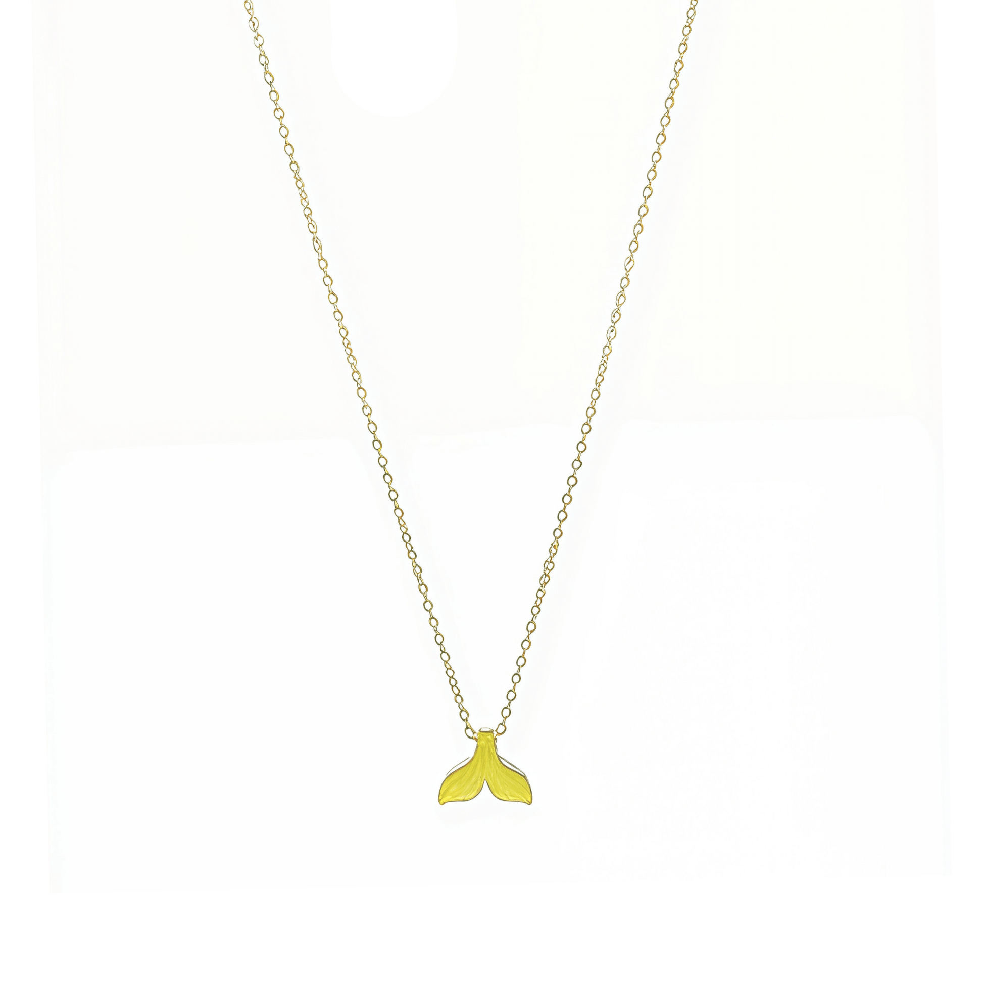 Gold necklace with a gold mermaid tail pendant on a white background