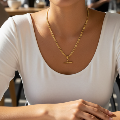 gold t-bar curb chain necklace with polished bar pendant