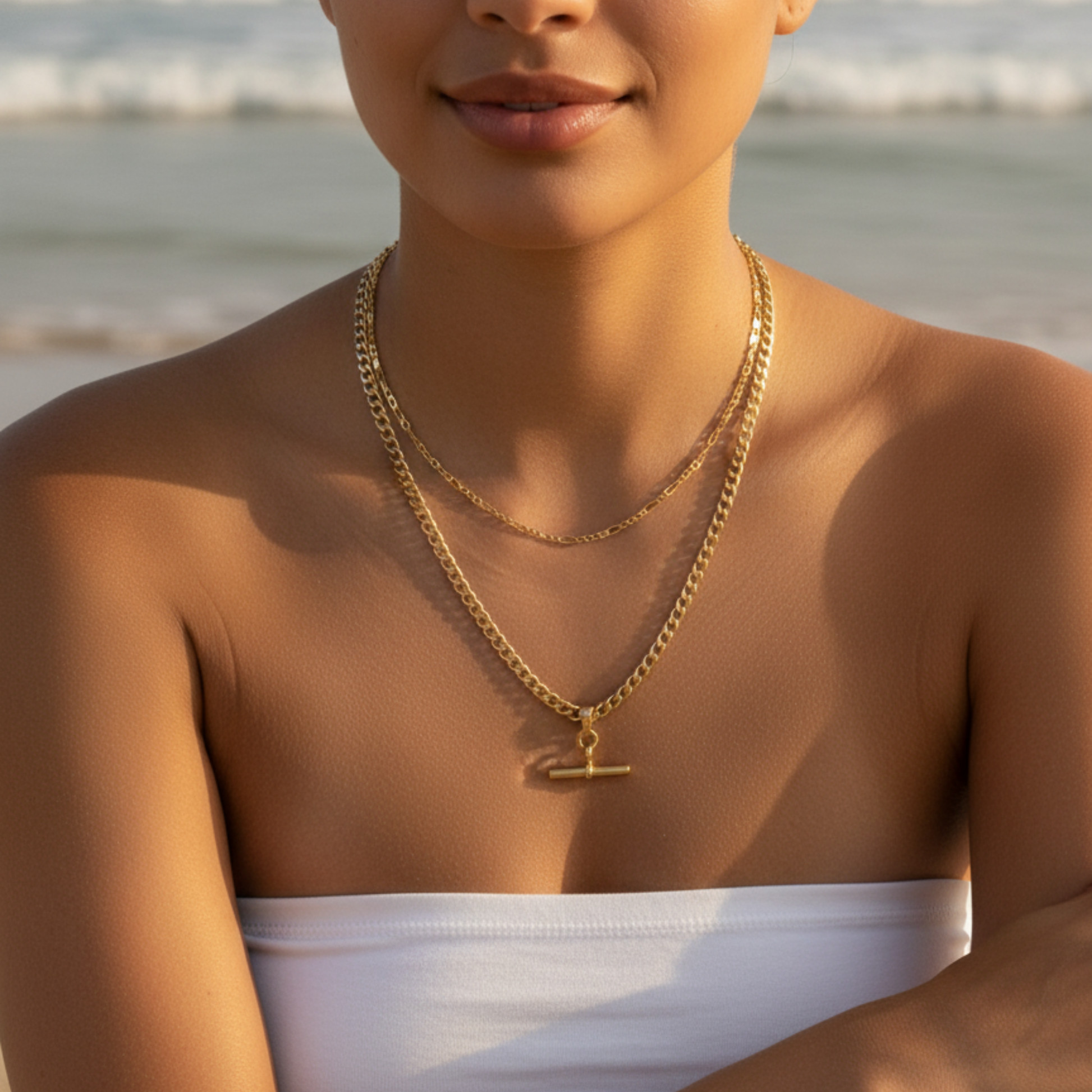 gold t-bar curb chain necklace with polished bar pendant