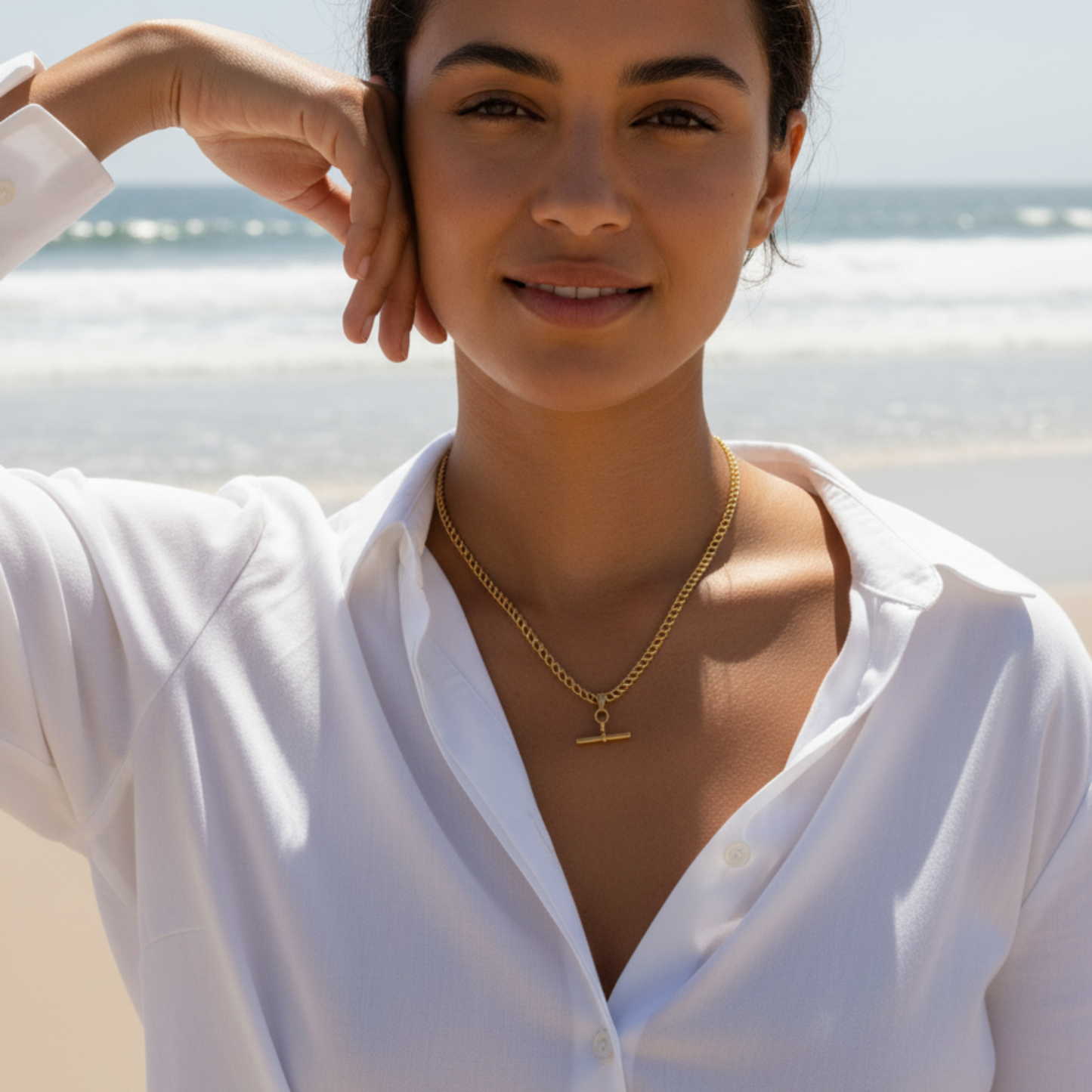 gold t-bar curb chain necklace with polished bar pendant