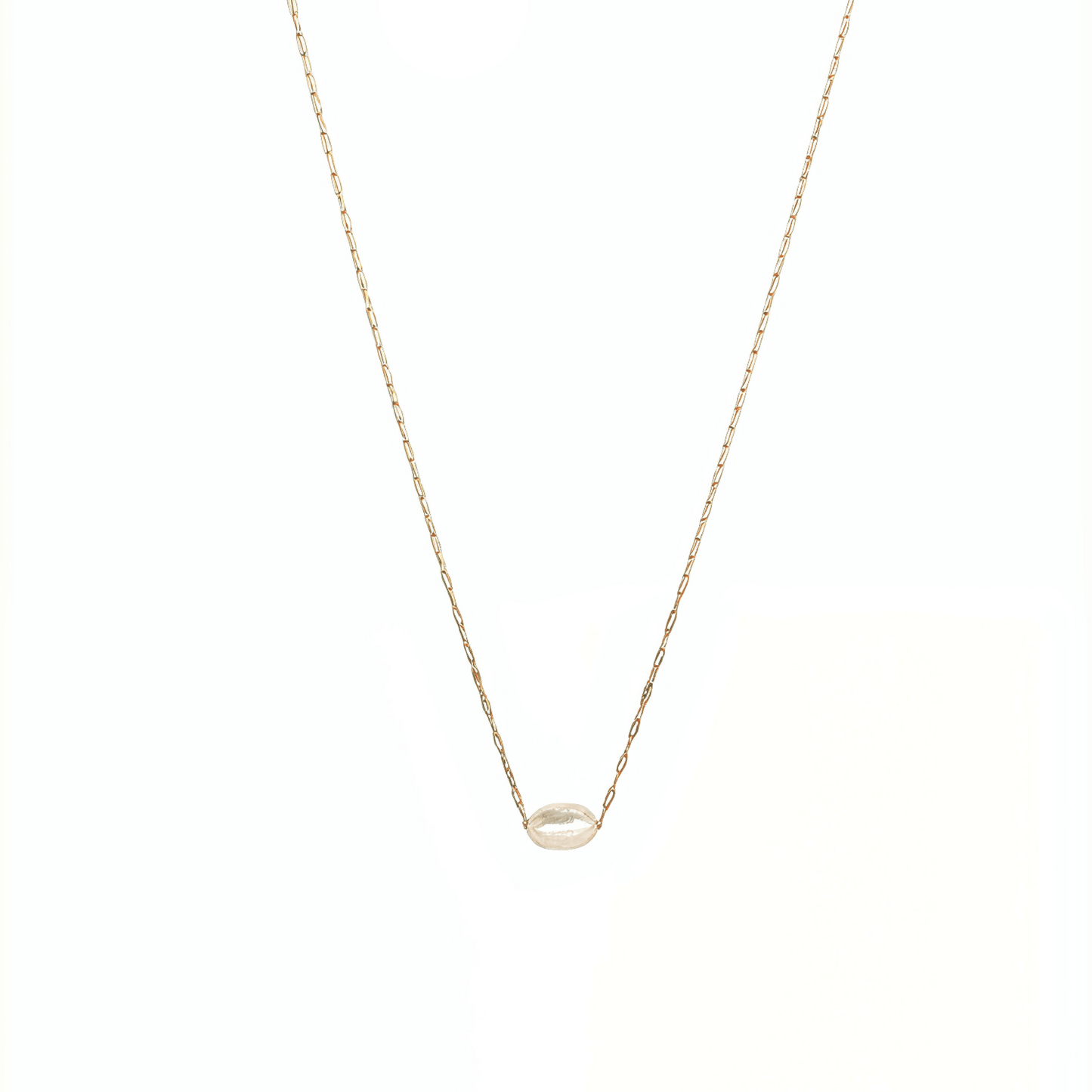 Dainty gold chain necklace with single freshwater pearl, minimalist waterproof design for layering or everyday wear.