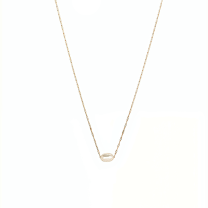 Dainty gold chain necklace with single freshwater pearl, minimalist waterproof design for layering or everyday wear.