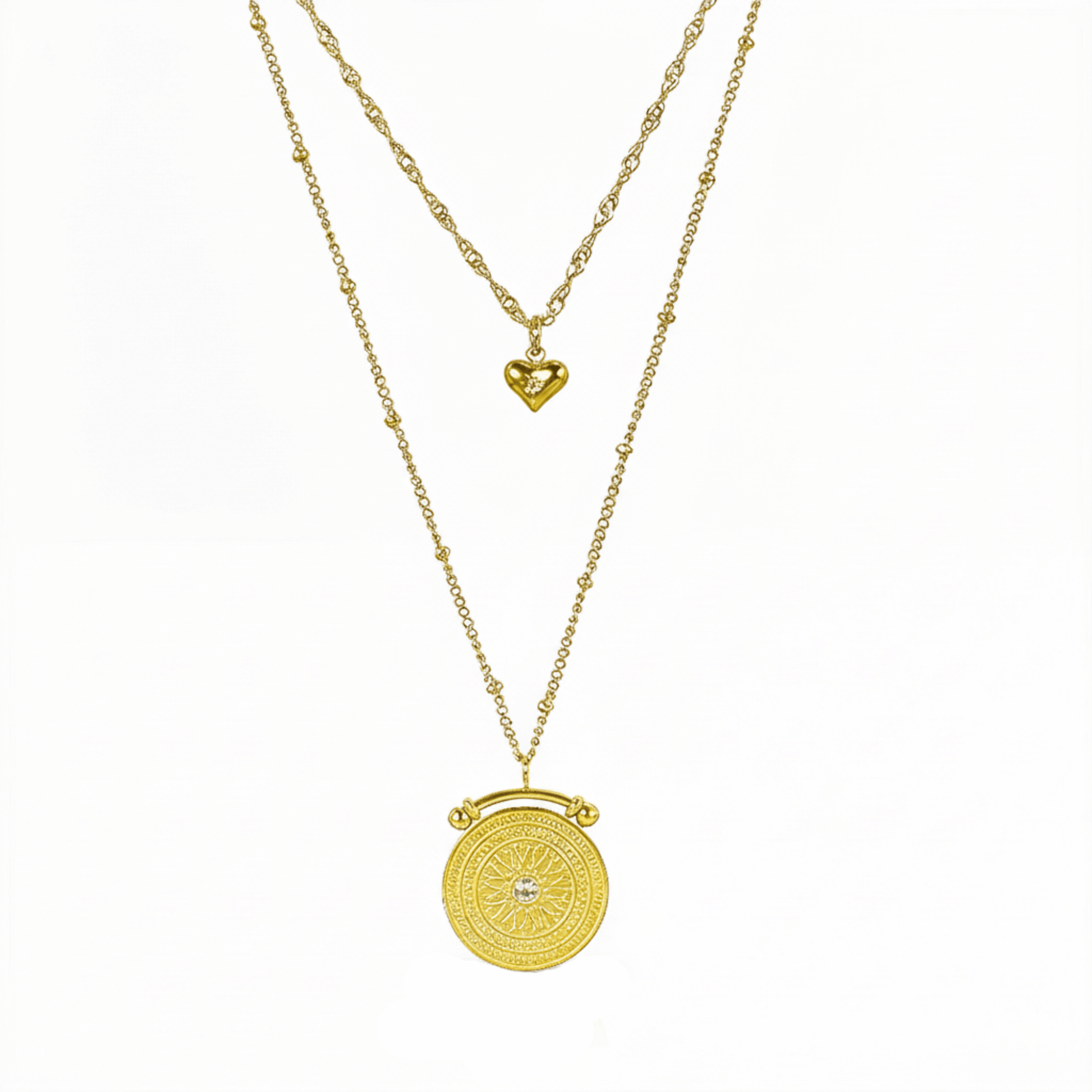 Gold double-layer necklace with heart charm and mandala pendant