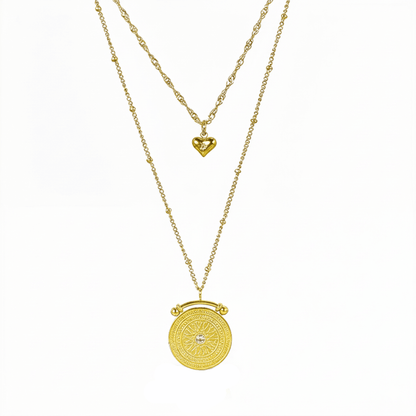 Gold double-layer necklace with heart charm and mandala pendant