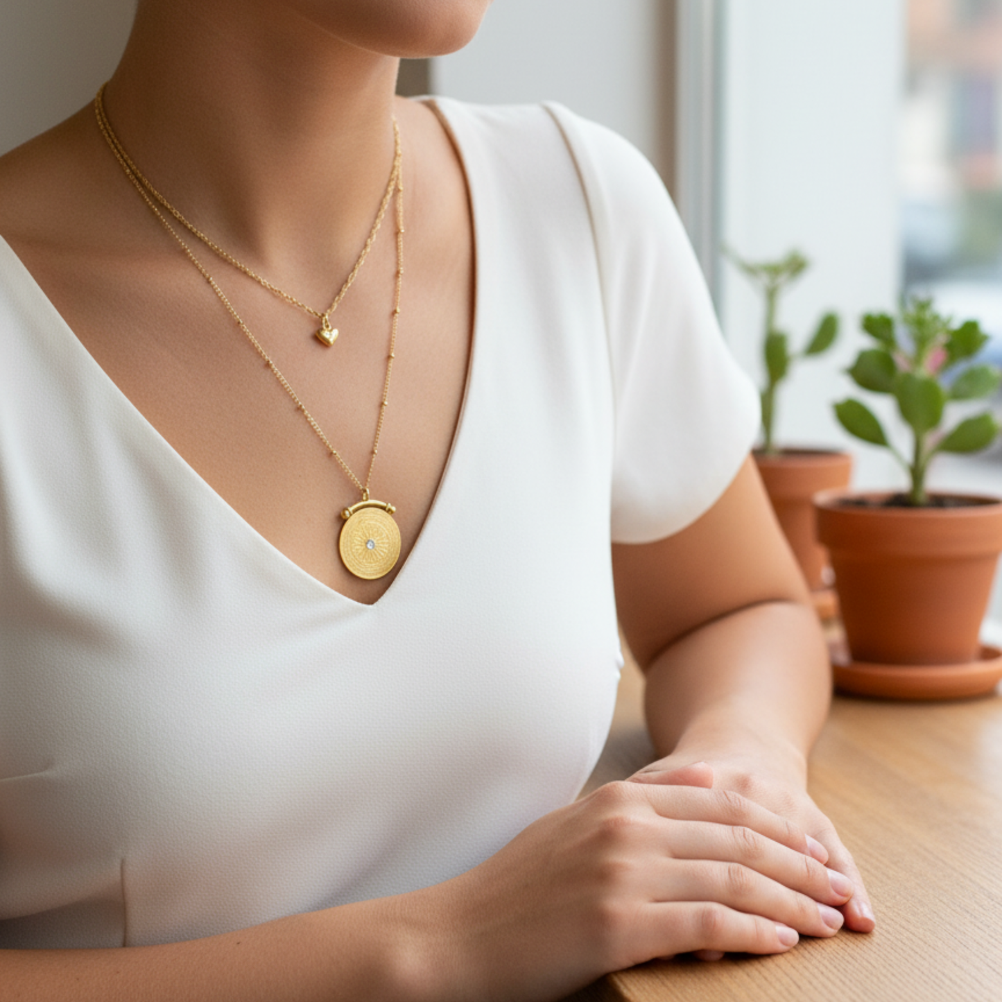 Gold double-layer necklace with heart charm and mandala pendant