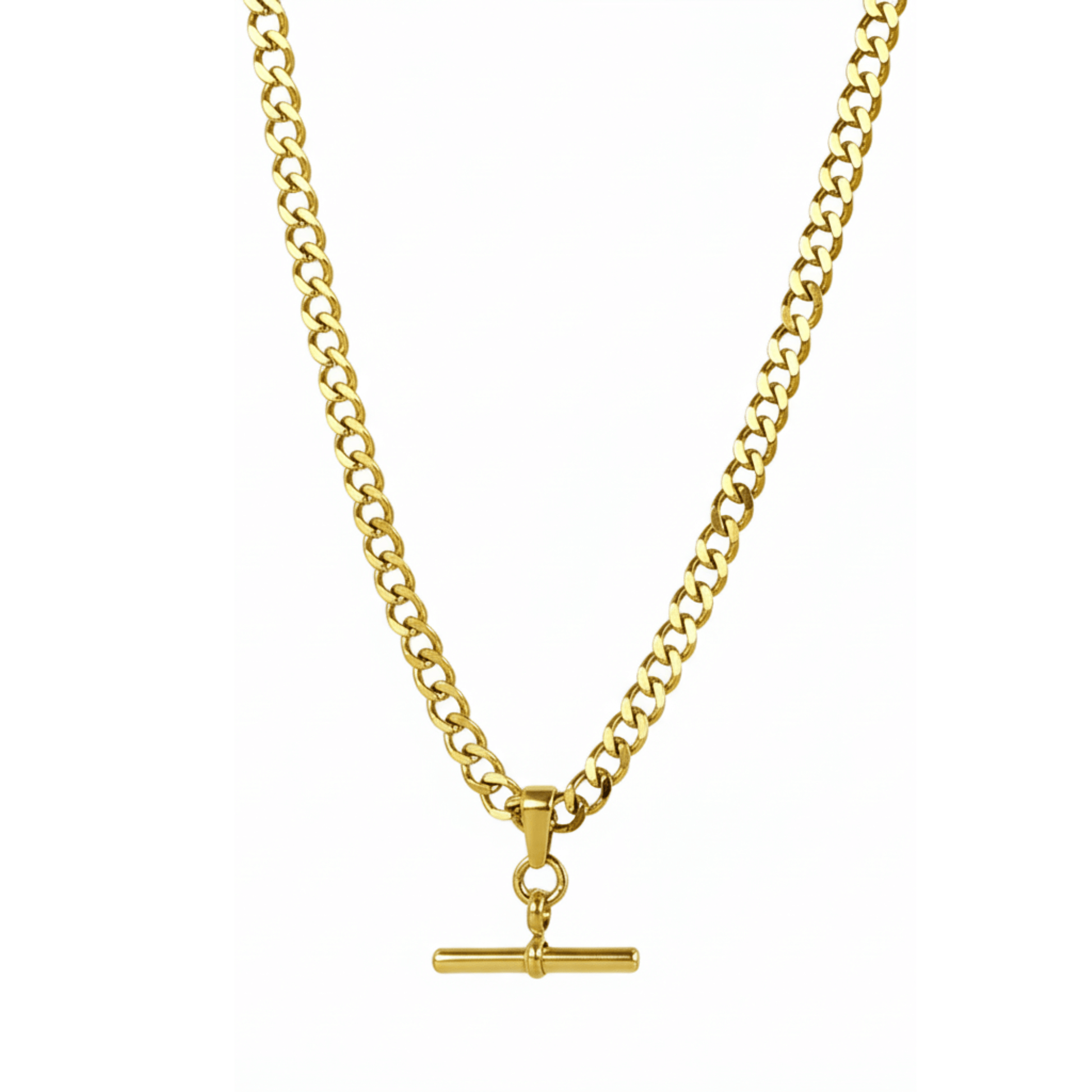 gold t-bar curb chain necklace with polished bar pendant