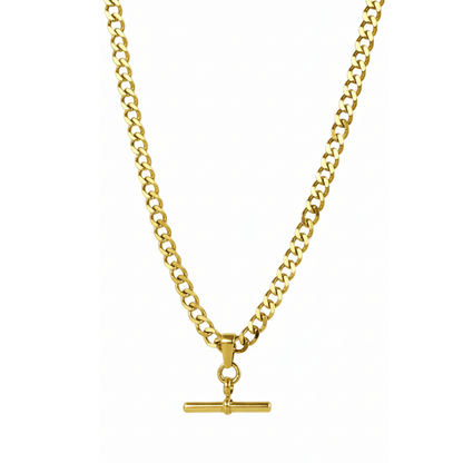 gold t-bar curb chain necklace with polished bar pendant