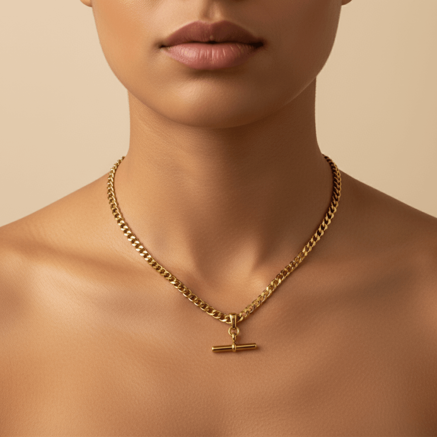 gold t-bar curb chain necklace with polished bar pendant