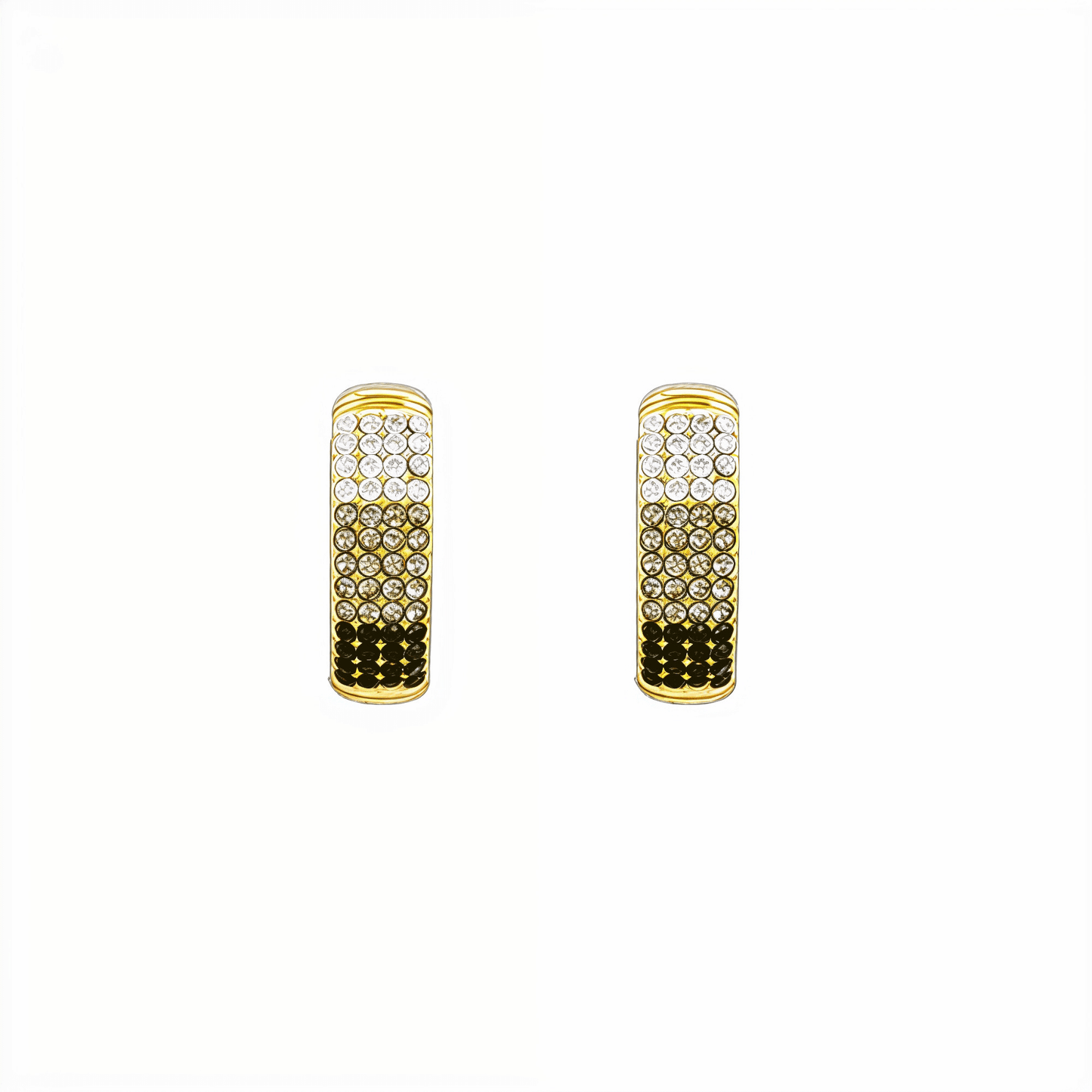 Gradient black pavé gold huggie earrings with ombré crystals.