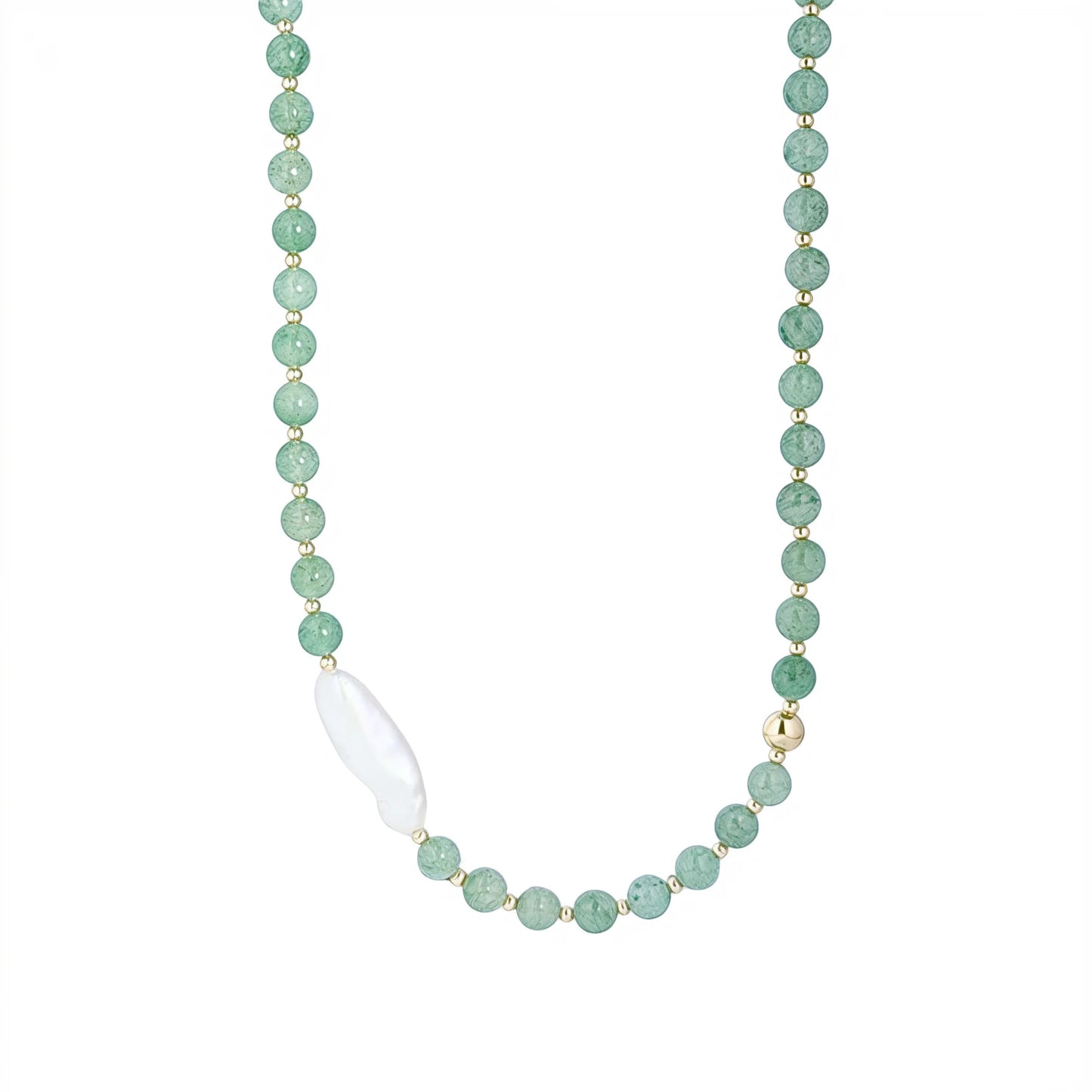 Green aventurine necklace with 14K gold filled beads and a baroque freshwater pearl 