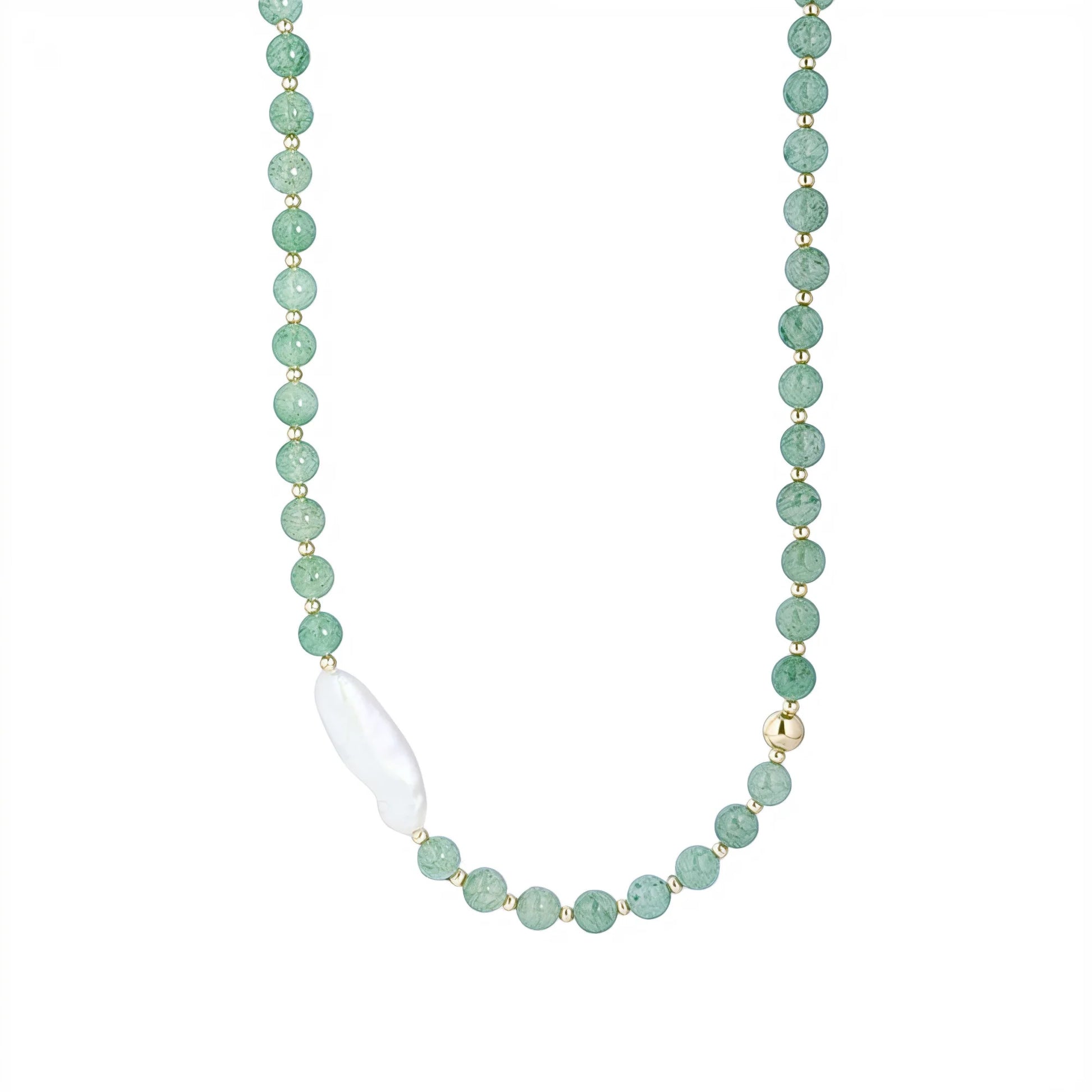 Green aventurine necklace with 14K gold filled beads and a baroque freshwater pearl 
