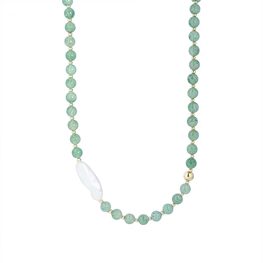 Green aventurine necklace with 14K gold filled beads and a baroque freshwater pearl 