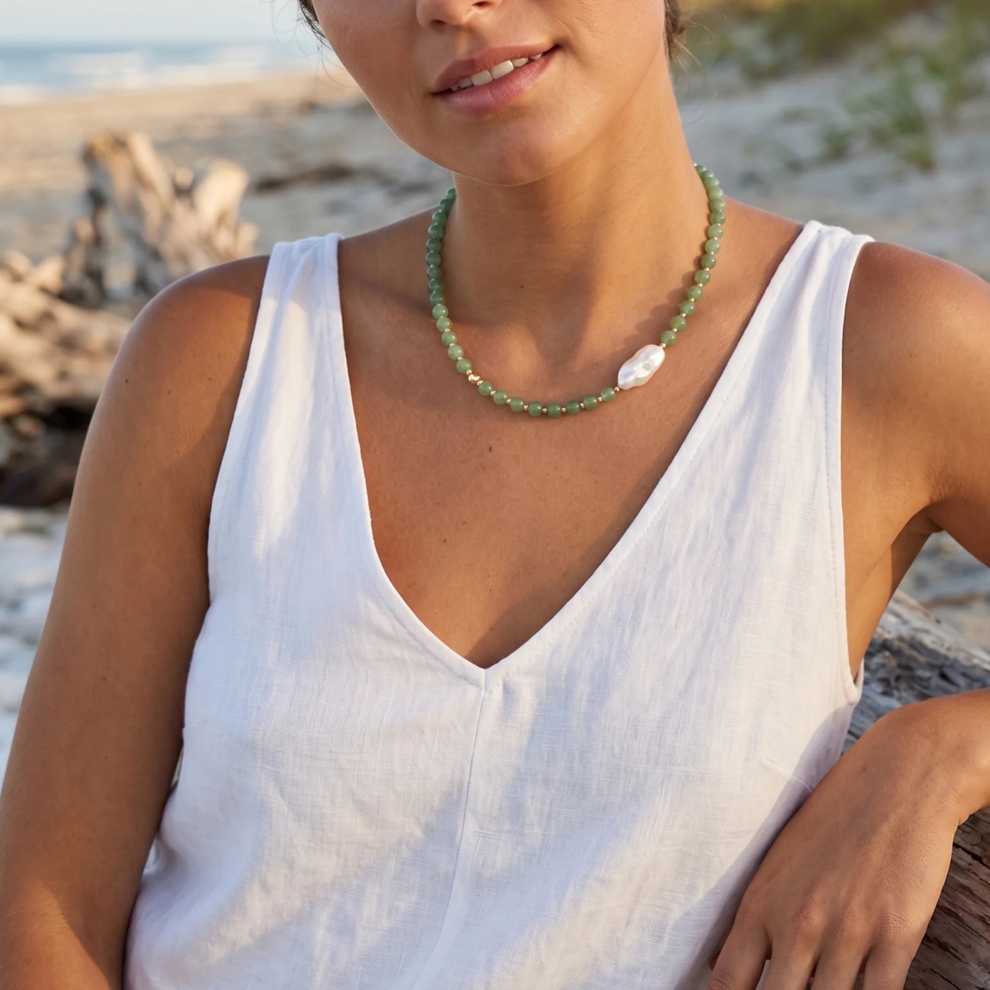 Green aventurine necklace with 14K gold filled beads and a baroque freshwater pearl 