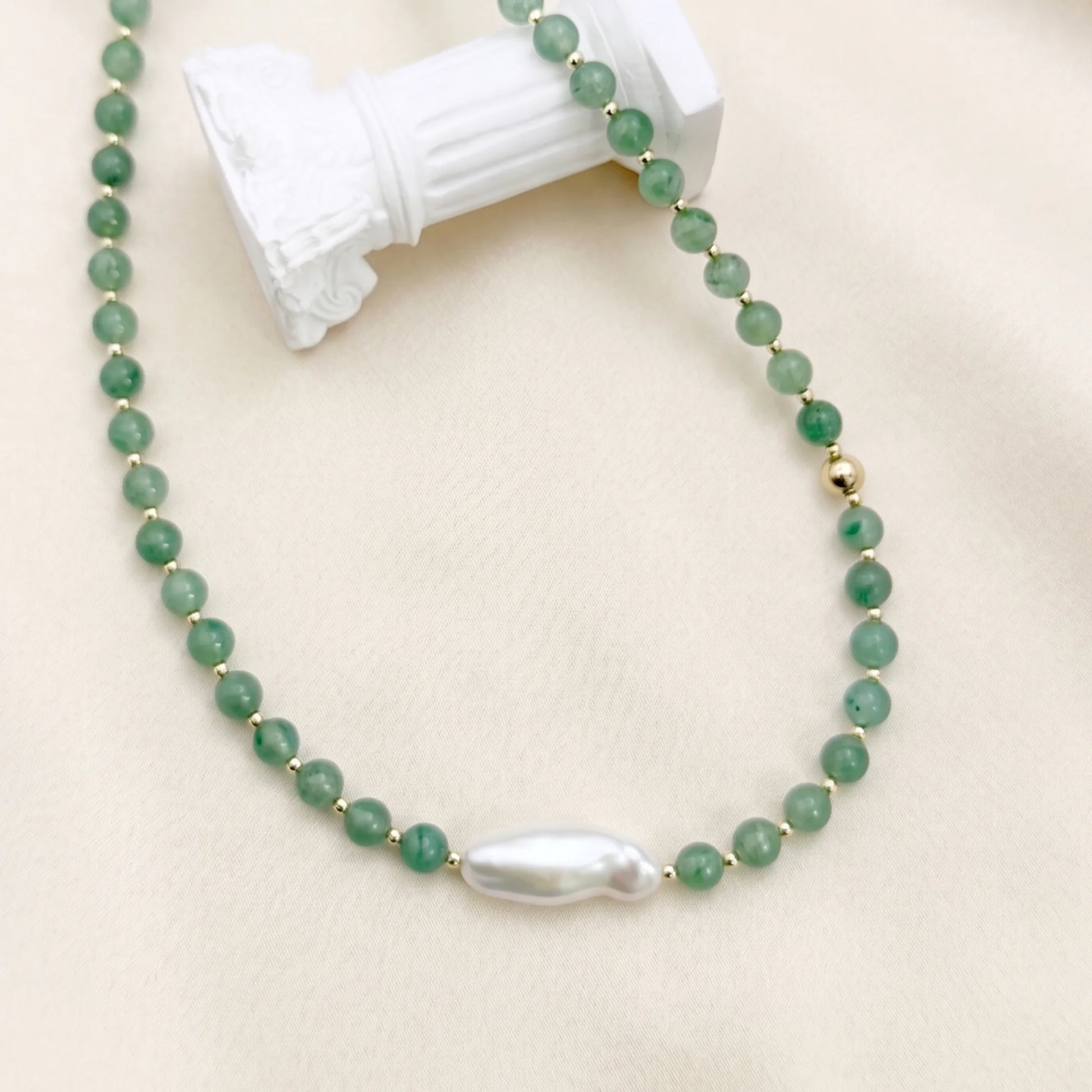 Green aventurine necklace with 14K gold filled beads and a baroque freshwater pearl 