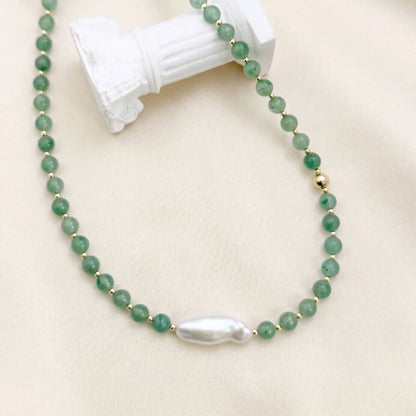 Green aventurine necklace with 14K gold filled beads and a baroque freshwater pearl 