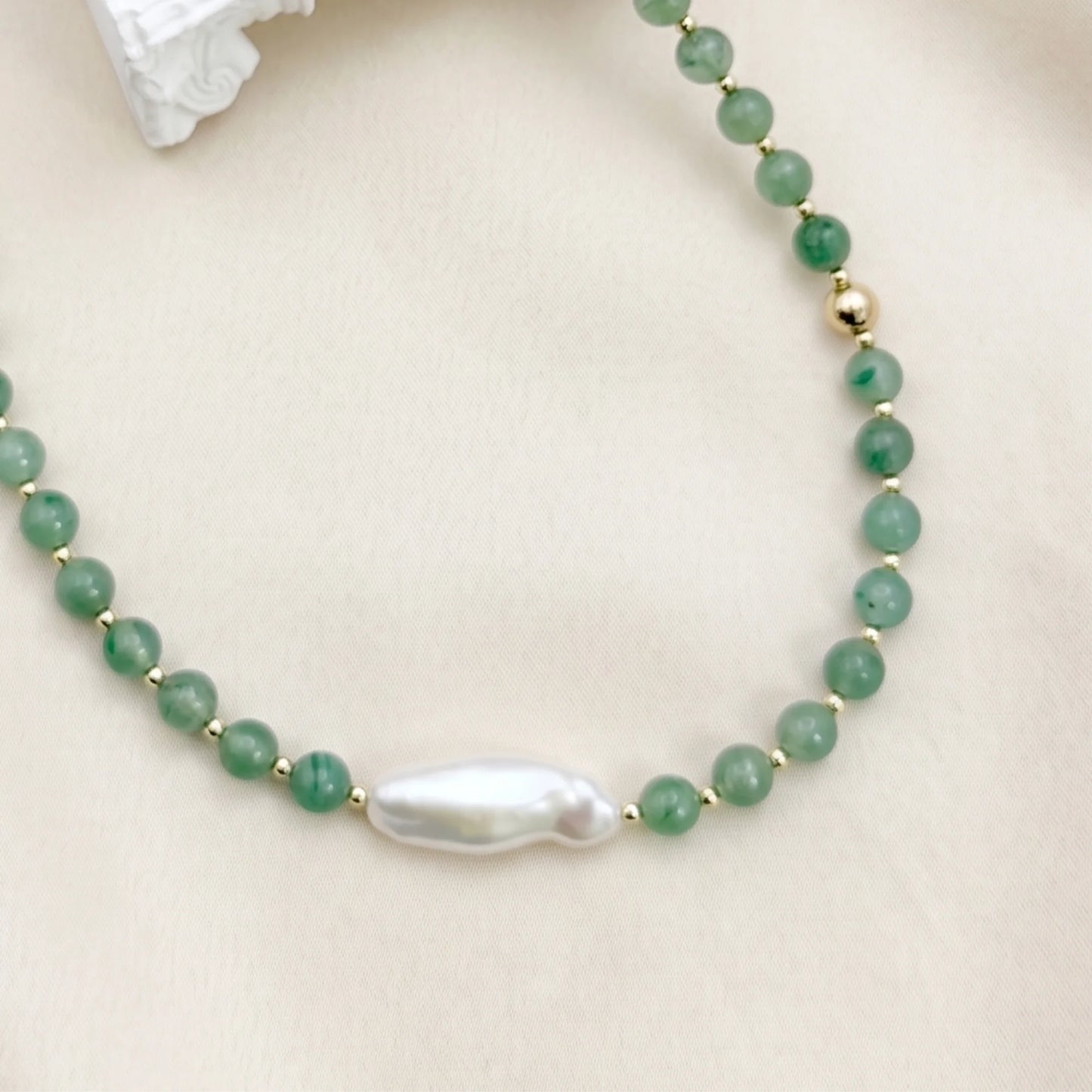 Green aventurine necklace with 14K gold filled beads and a baroque freshwater pearl 