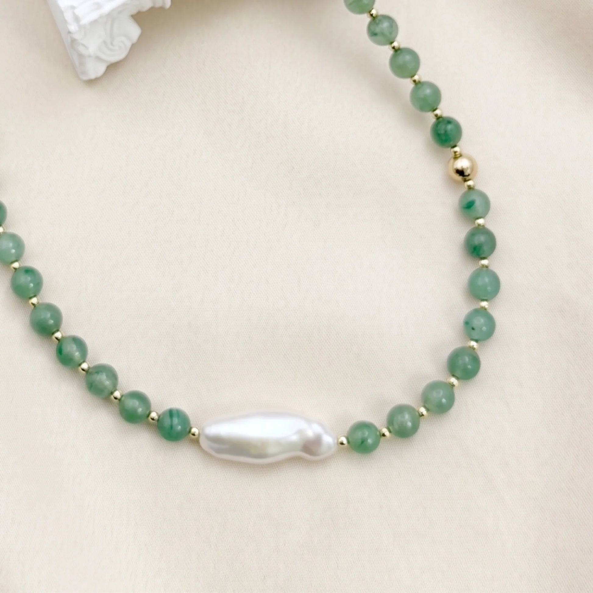 Green aventurine necklace with 14K gold filled beads and a baroque freshwater pearl 