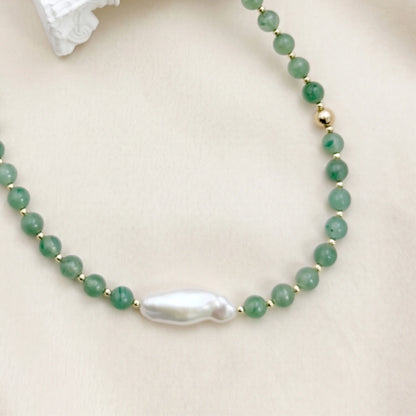 Green aventurine necklace with 14K gold filled beads and a baroque freshwater pearl 