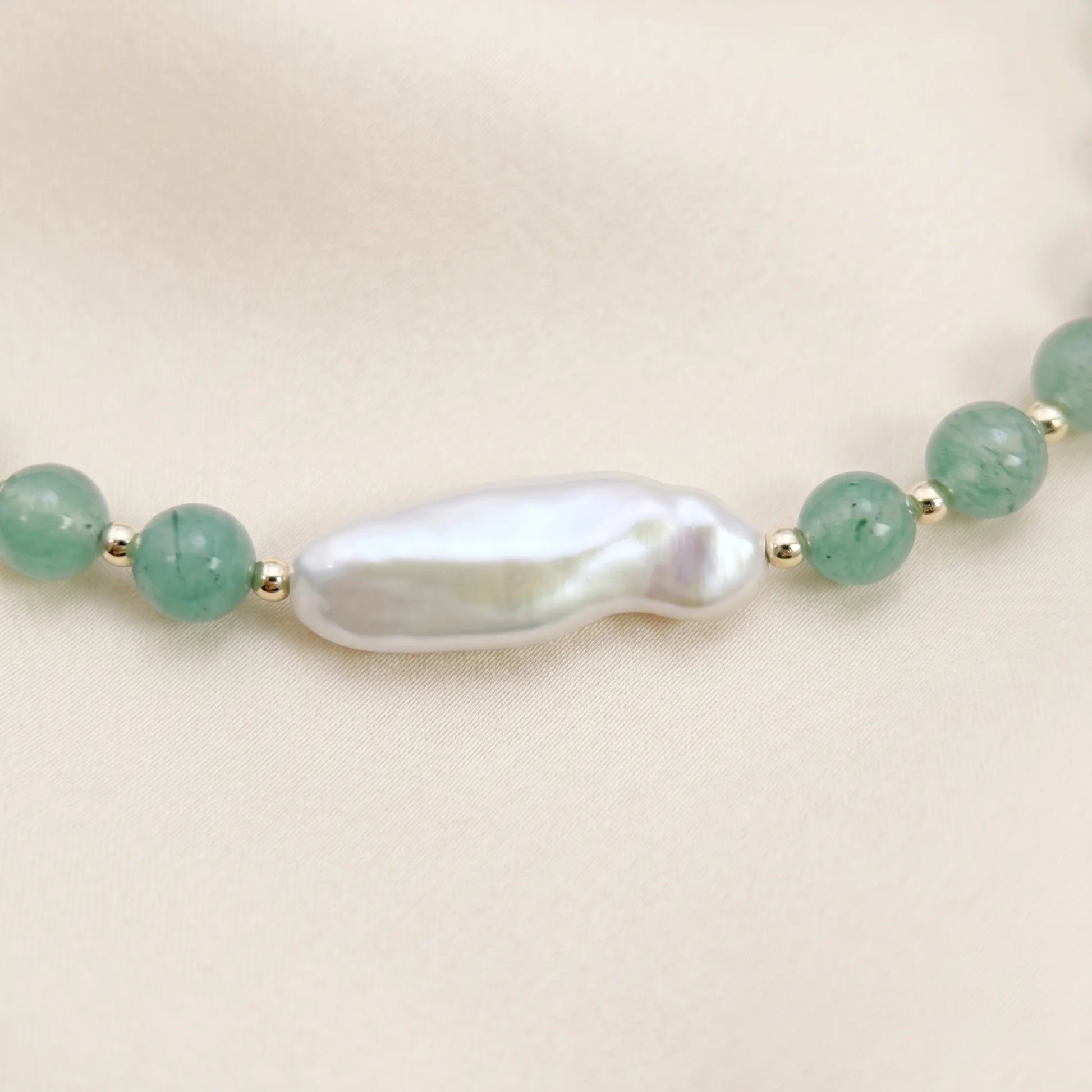 Green aventurine necklace with 14K gold filled beads and a baroque freshwater pearl 